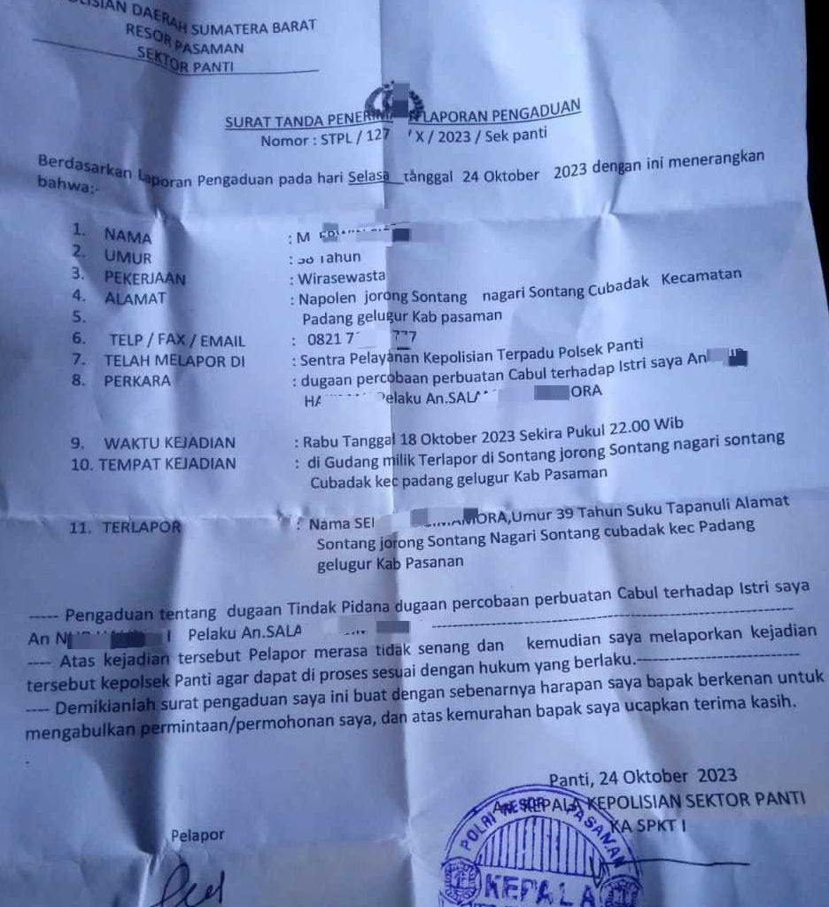 tangkapan layar Surat Laporan Polisi terkait dugaan kasus percobaan pencabulan oleh oknum anggota DPRD Pasaman, Sumatera Barat