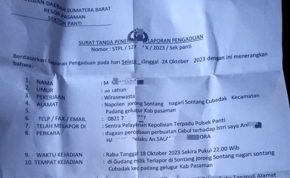 tangkapan layar Surat Laporan Polisi terkait dugaan kasus percobaan pencabulan oleh oknum anggota DPRD Pasaman, Sumatera Barat