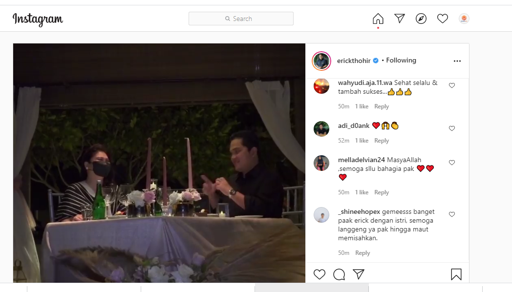 Suasana makan malam Erick Thohir bersama istri di Ultah Pernikahan ke-23