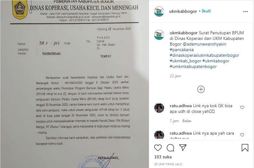 Surat perpanjangan pendaftaran BPUM gelombang 2 kabupaten Bogor
