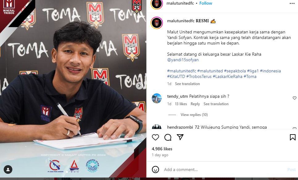 Yanfi Sofyan, mantan pemain Persib yang kini membela Malut United FC