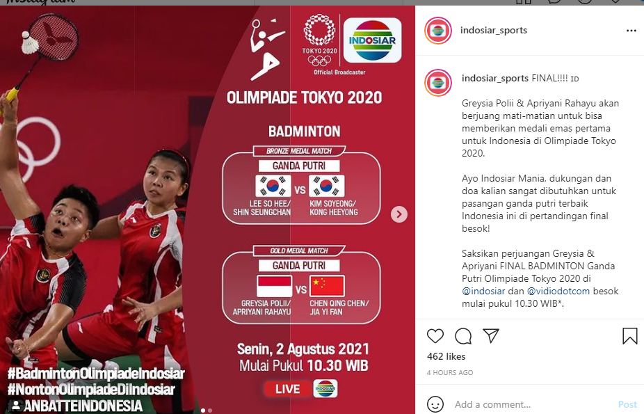  Jadwal Badminton Olimpiade Tokyo 2020 Hari Ini, jangan lupa saksikan laga Greysia/Apriyani melawan Chen/Jia di partai final