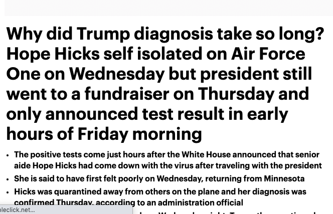 Tangkapan layar headline Daily Mail, media Inggris mempertanyakan diagnosis Trump