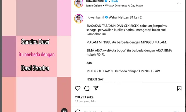 Dewi Sandra Dikira Sandra Dewi Istri Harvey Moeis, Ridwan Kamil Tulis Pesan Ini ke Warganet