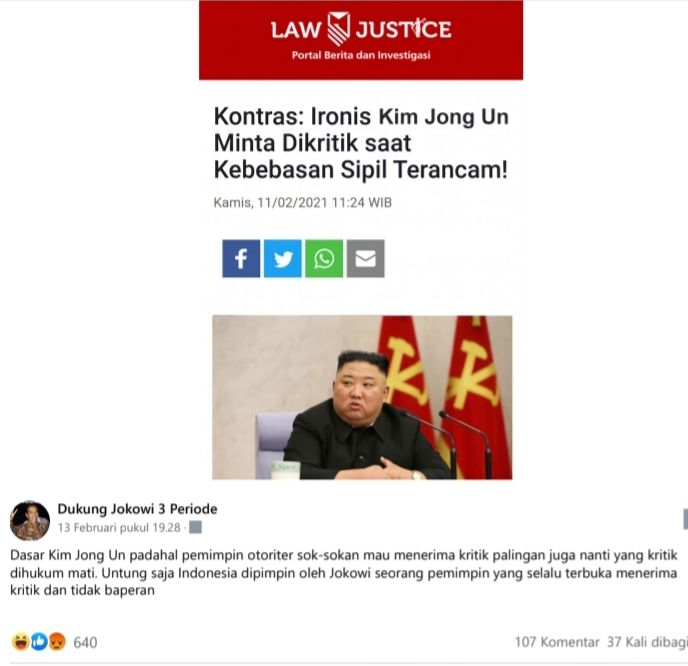 adanya unggahan yang mengklaim adanya gambar artikel berjudul “Kontras: Ironis Kim Jong Un Minta Dikritik saat Kebebasan Sipil Terancam!” adalah hoax