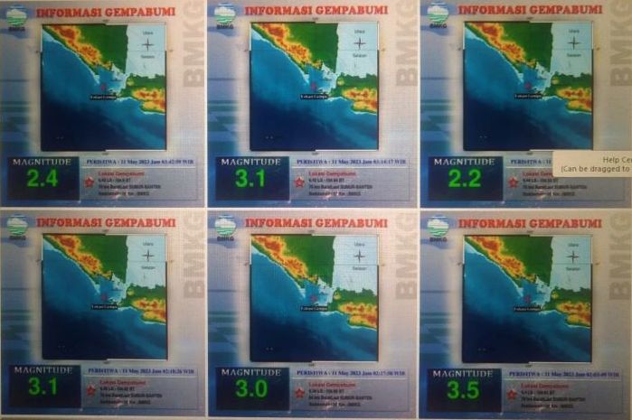 Peta pusat gempa bumi yang berpusat di laut Sumur Pandeglang Provinsi Banten sejak Rabu 10 Mei 2023 hingga Kamis 11 Mei  2023 dini hari.