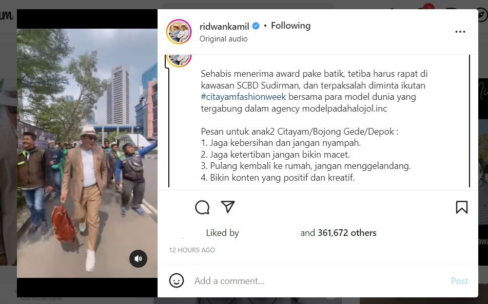 Unggahan Gubernur Jawa Barat, Ridwan Kamil.
