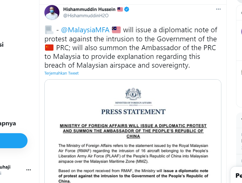 Cuitan Menteri Luar Negeri Malaysia terkait manuver pesawat China di wilayah udara Serawak