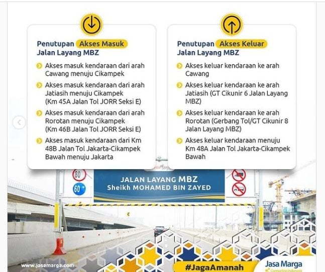 Informasi Penutupan Jalan Layang MBZ. / Instagram@info.jasamarga