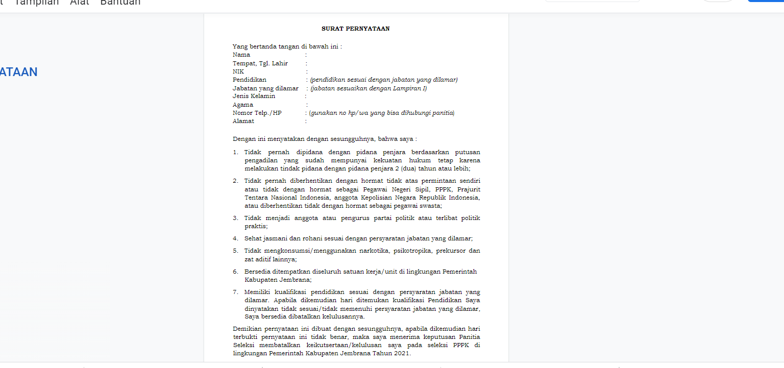 contoh surat pernyataan CPNS melamar di Pemprov Bali