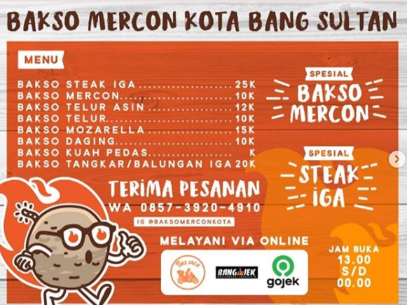 Daftar menu bakso mercon Bang Sultan
