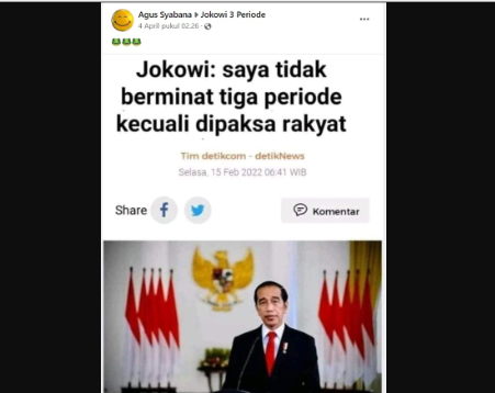 Unggahan hoax klaim Jokowi: saya tidak berminat tiga periode kecuali dipaksa rakyat.