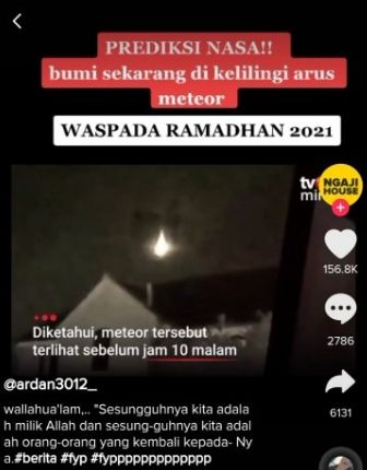 Tangkapan layar video hoaks tentang ledakan meteor pada Ramadhan