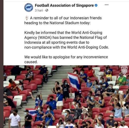 tangkapan Layar media sosial twitter FA Singapura yang memberikan informasi mengenai Sanksi WADA Bagi Indonesia di Piala AFF 2020