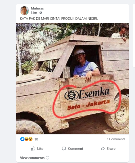  foto mobil berbahan dasar kayu dengan tulisan esemka dan Solo-Jakarta (hoax) 