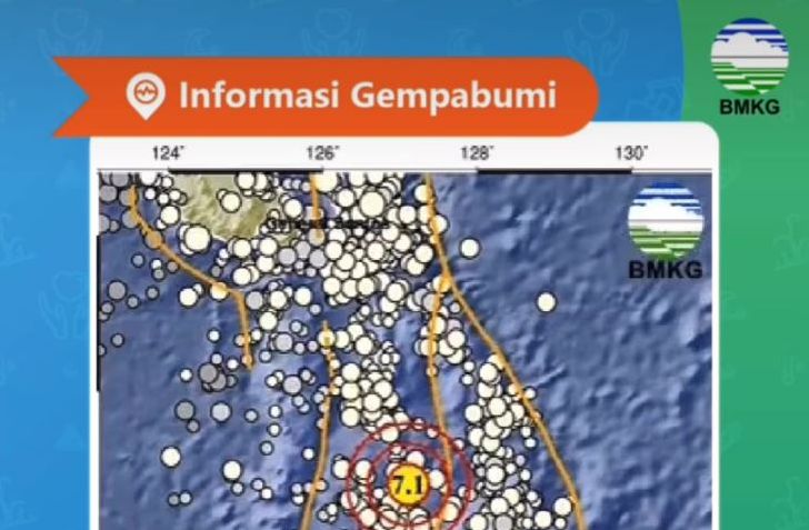 Pusat gempa bumi magnitudo 7,1 yang melanda perairan laut Maluku Utara  Rabu 18 Januari 2023.