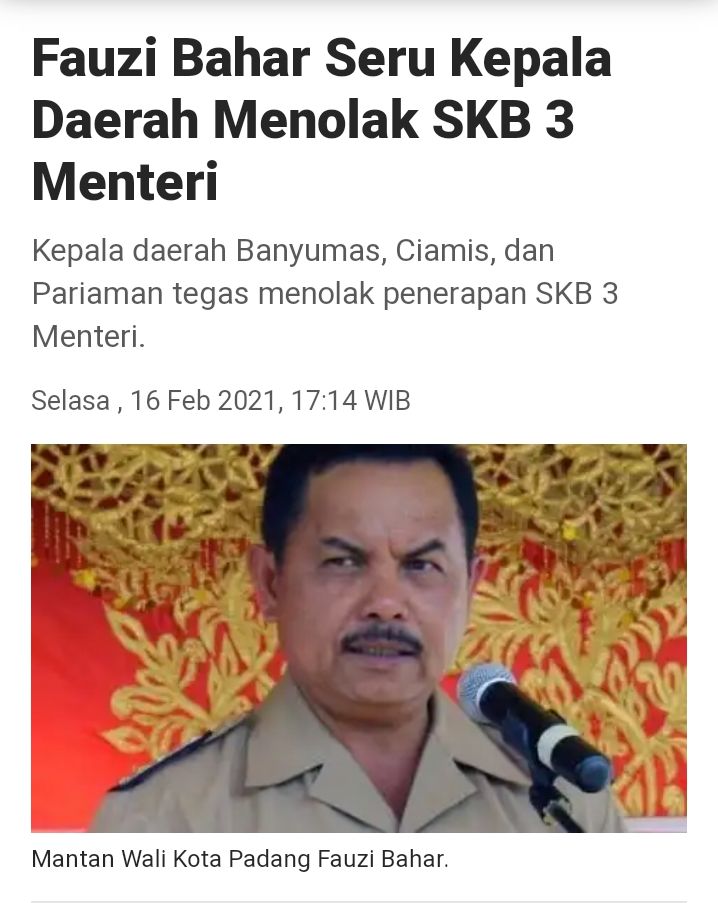 Cuplikan sebuah berita di situs berita online ternama mengenai penolakan Bupati Banyumas terhadap SKB 3 Menteri