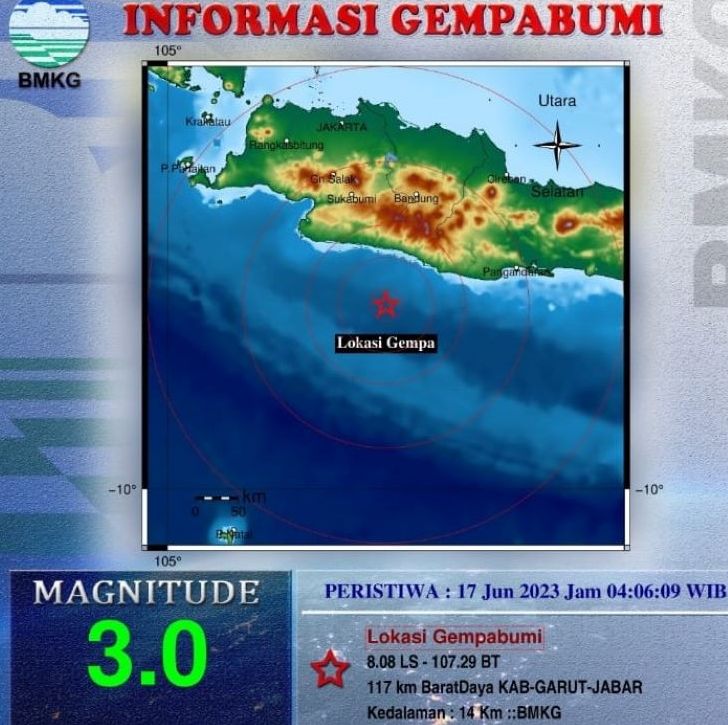 Infografis pusat gempa bumi tektonik yang melanda wilayah Kabupaten Sukabumi Jawa Barat Sabtu 17 Juni 2023.