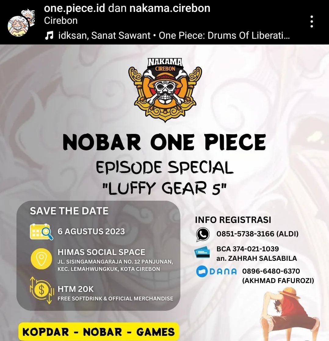 Poster nobar Gear 5 Luffy One Piece di Cirebon.