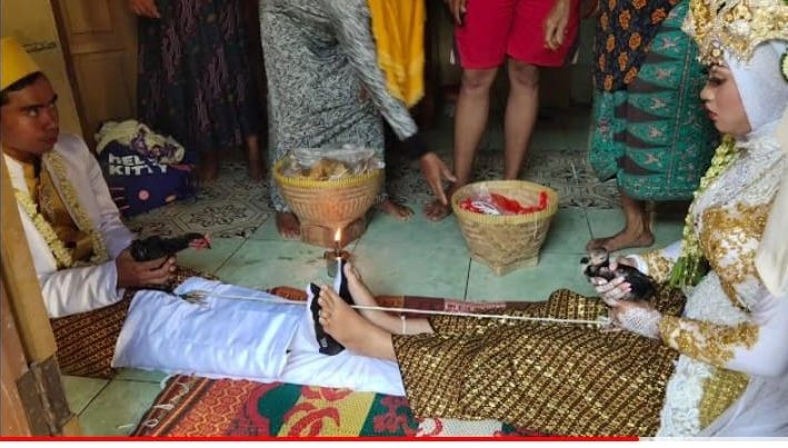 Melompati dayan menjadi tradisi unik pernikahan di Tukdana Kabupaten Indramayu.