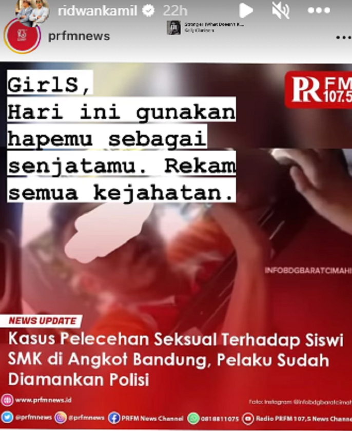 Gubernur Jawa Barat, Ridwan Kamil turut buka suara soal kejadian pelecehan seksual yang terjadi di dalam angkot di Bandung.