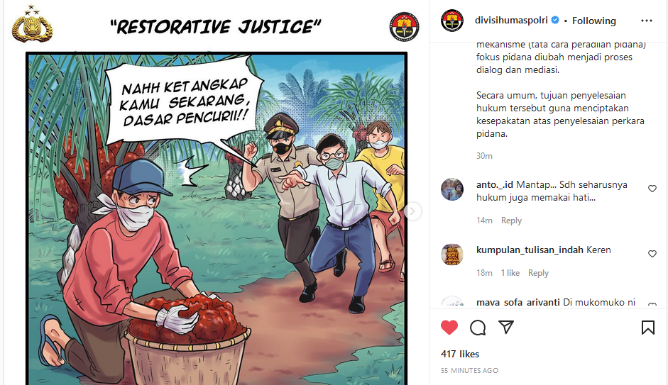 Unggahan Instagram Divisi Humas Polri tentang restorative justice.
