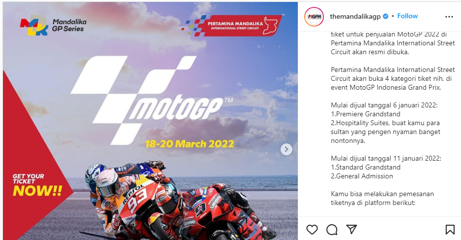 Unggahan soal penjualan tiket MotoGP Mandalika.