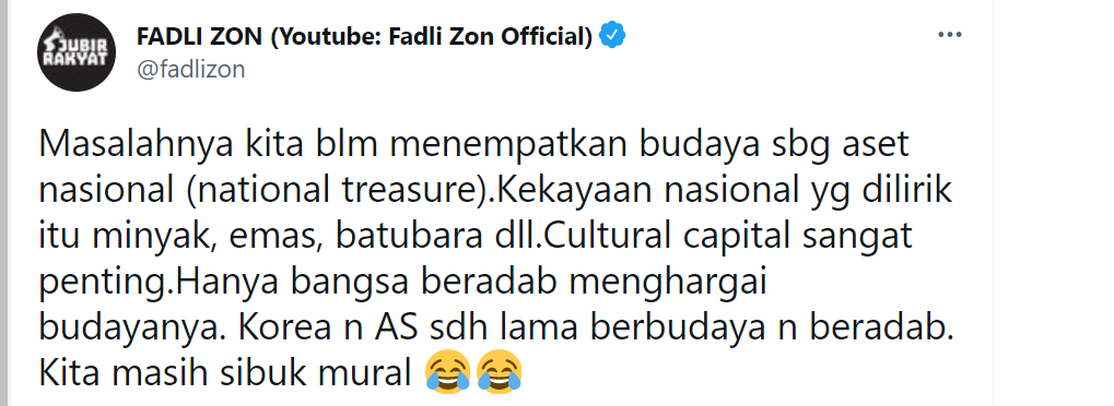 Cuitan Fadli Zon yang menanggapi pernyataan Jubir Menha n  Dahnil yang sebut serangan budaya Korea dan AS problem serius.