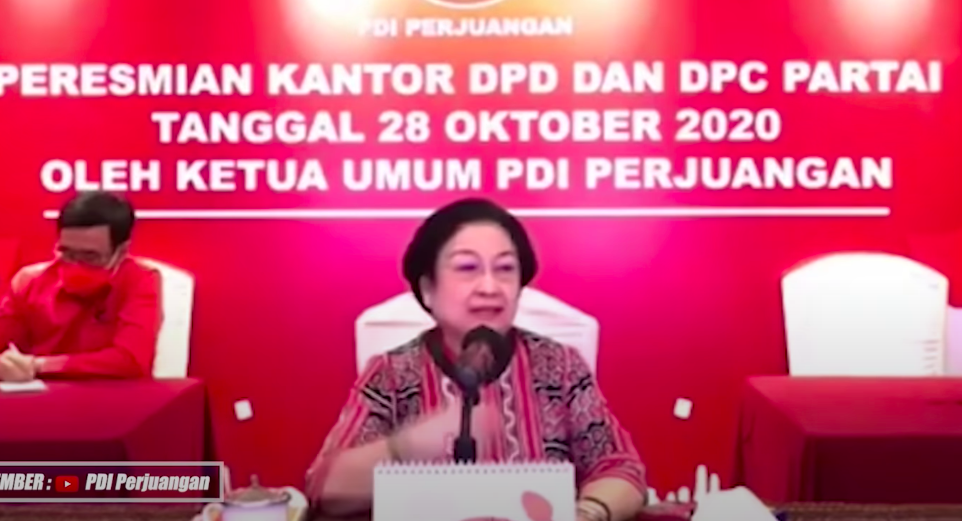 Tangkapan layar Ketum PDIP Megawati Soekarnoputri saat mempertanyakan apa sumbangsih generasi milenial di acara peresmian kantor DPD dan DPC partai tanggal 28 Oktober 2020.*