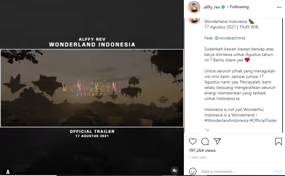 Unggahan Alffy Rev di Instagram yang mengungkapkan, Indonesia bukan hanya wonderful akan tetapi wonderland