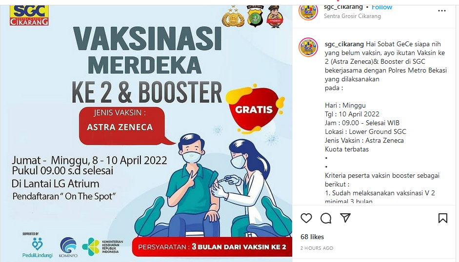 Unggahan Instagram Sentra Grosir Cikarang tentang jadwal vaksin yang bekerja sama dengan Polres Metro Bekasi.