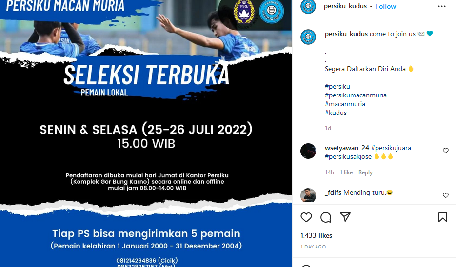 Unggahan Instagram Persiku Kudus tentang seleksi terbuka menjelang Liga 3.