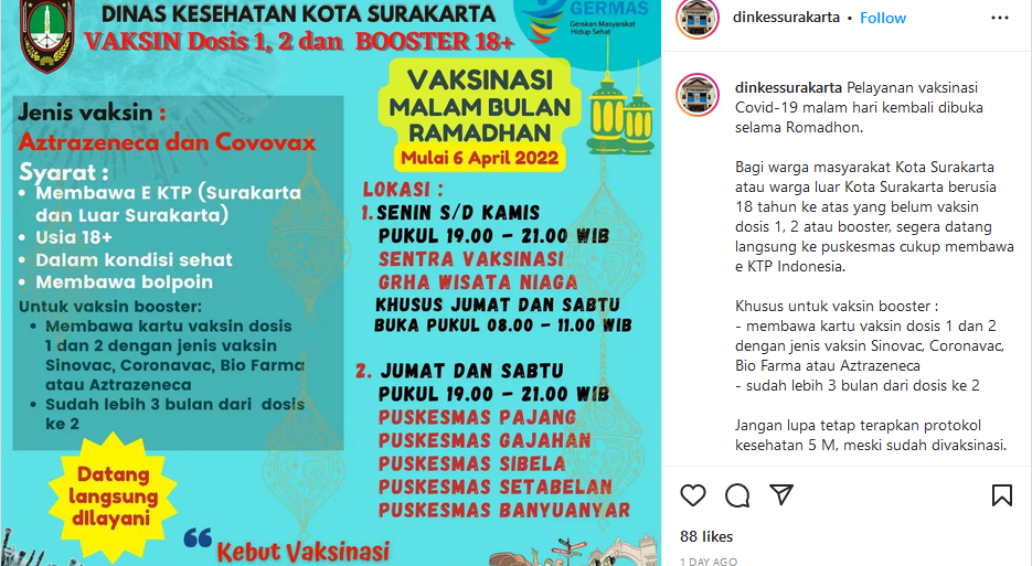 Unggahan Instagram Dinkes Surakarta tentang jadwal vaksinasi booster di Solo.