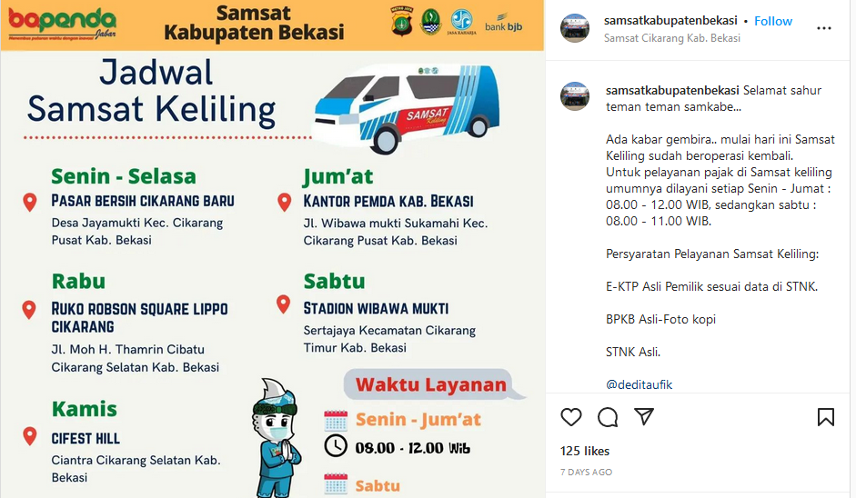 Unggahan Jadwal Samsat Keliling di Bekasi April 2022.