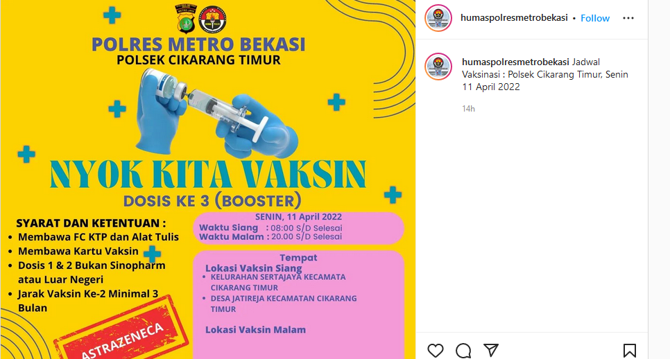 Unggahan jadwal vaksinasi booster di Bekasi hari ini.