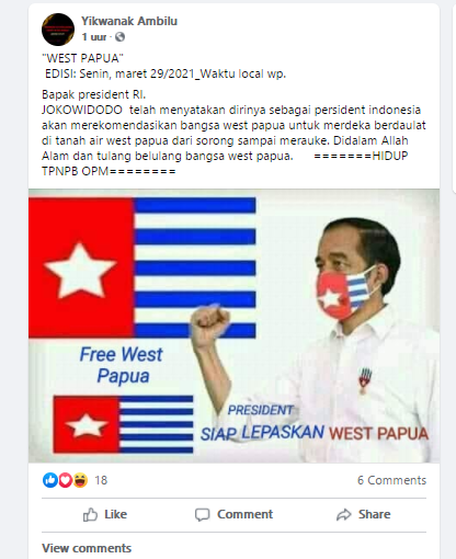 Klaim  Presiden Jokowi setuju untuk melepaskan Papua Barat hoax/ Facebook/Yikwanak Ambilu