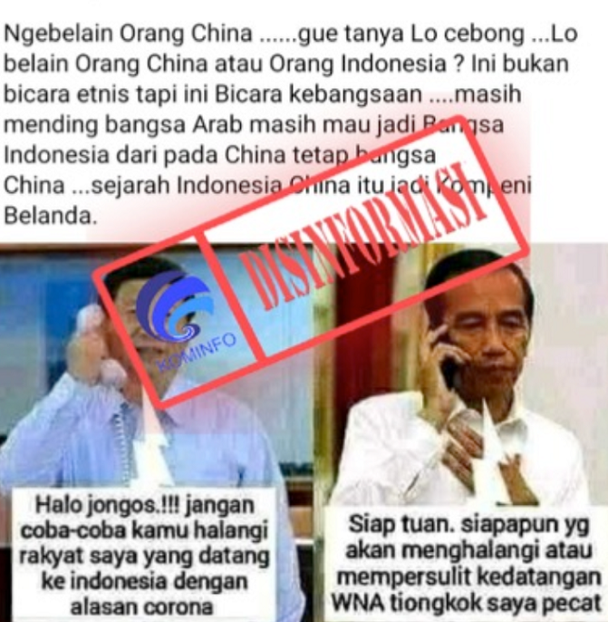 Tangkapan layar yang menyatakan obrolan Presiden Jokowi dengan Presiden Xi Jinping tentang WNA Tiongkok masuk Indonesia