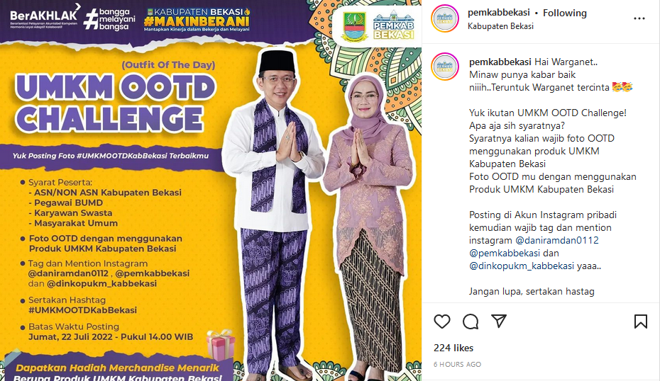 Unggahan Instagram Pemkab Bekasi tentang lomba UMKM OOTD challenge.
