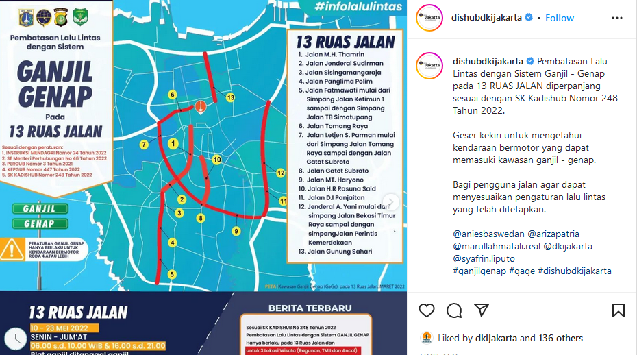 Unggahan Instagram Dishub DKI Jakarta tentang ganjil genap hari ini, Jumat 20 Mei 2022.
