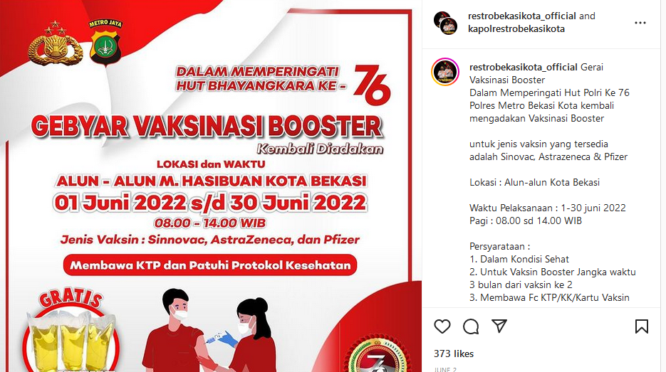 Unggahan Polres Metro Bekasi tentang jadwal vaksin booster.
