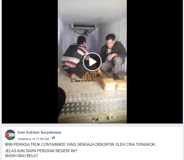 video di media sosial Facebook terkait Badan Narkotika Nasional (BNN) periksa truk container yang disebut berisi narkotika