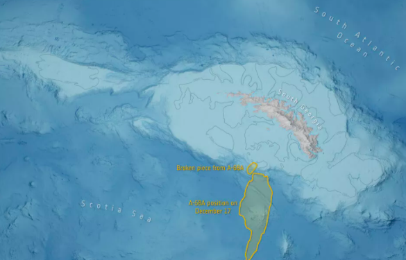 Peta kontur menunjukkan dasar laut di wilayah tempat A-68a terbelah dan berbelok.*/