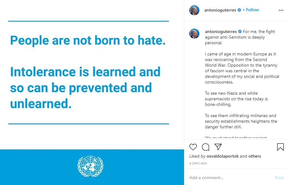 Sekretaris Jenderal PBB, Antonio Guterres mengunggah postingan terkait Hari Toleransi Internasional