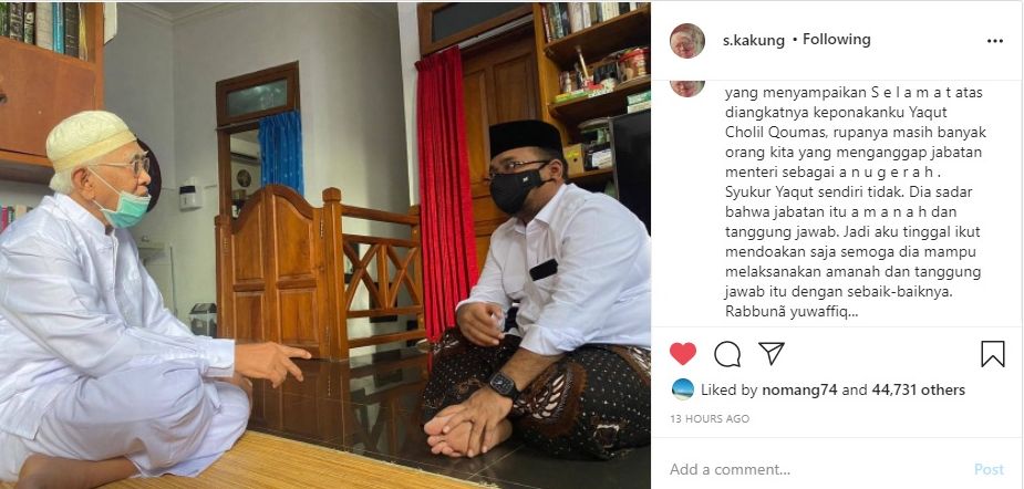 Tangkapan layar dari akun Instagram Gus Mus saat menerima kunjungan Menteri Agama Yaqut Cholil Qoumas yang tak lain adalah keponakannya sendiri.