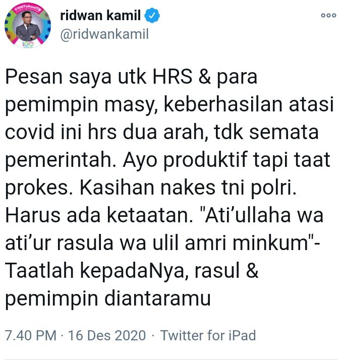Tangkapan layar Twitter Ridwan Kamil