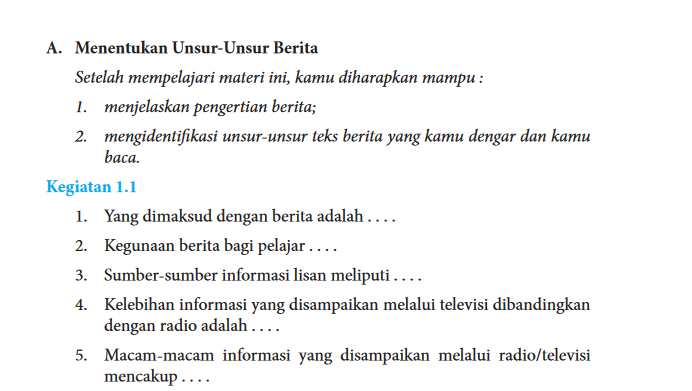 Kunci Jawaban Bahasa Indonesia Kelas 8 SMP MTS Halaman 2, Kegiatan 1.1 Menentukan Unsur-unsur Berita - Ringtimes Bali