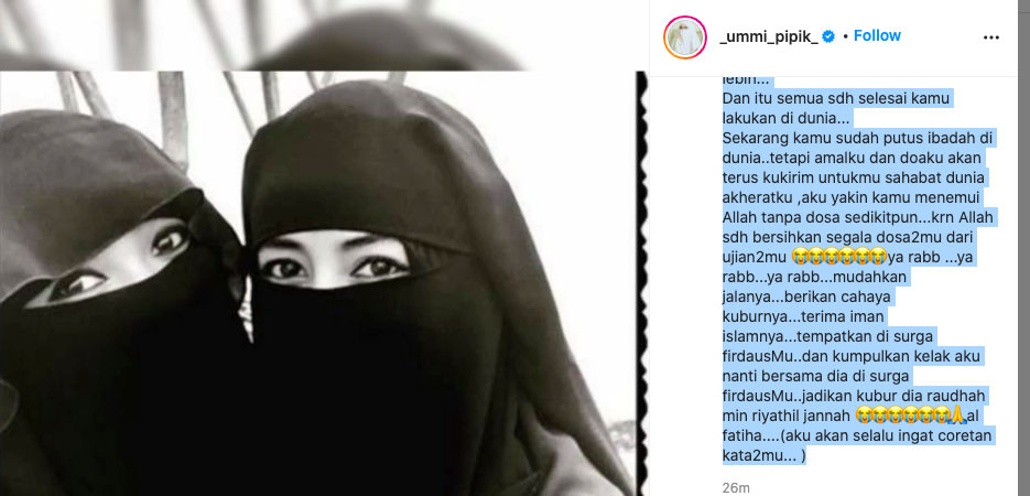 Tangkapan layar instagram Umi Pipik yang menuliskan kesan mendalam atas meninggalnya Soraya Abdullah pemain sinetron tersanjung di akun instagramnya, Senin 1 Februari 2021.