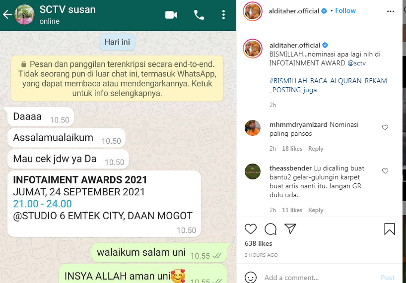 Aldi Taher Bangga Diundang SCTV Hadiri Infotainment Awards 2021, Netizen: Nominasi Paling Pansos