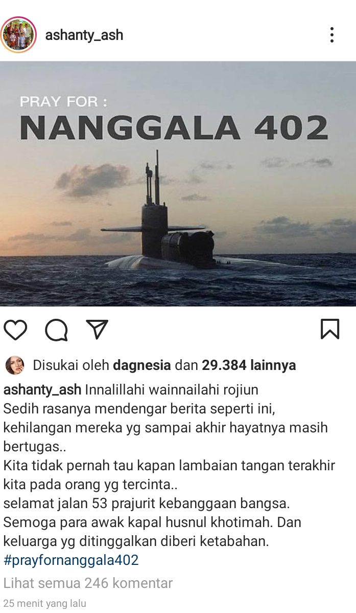 Ashanty kirim doa untuk 53 awak kapal selam KRI Nanggala 402