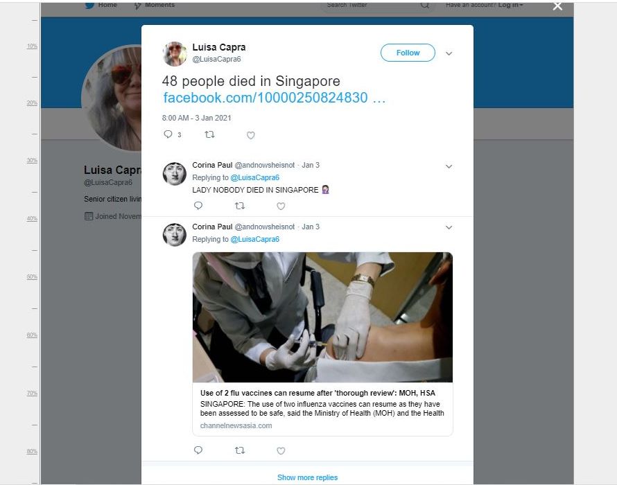 tangkapan layar kabar yang menyebutkan Singapura resmi hentikan vaksinasi setelah terdapat 48 orang meninggal